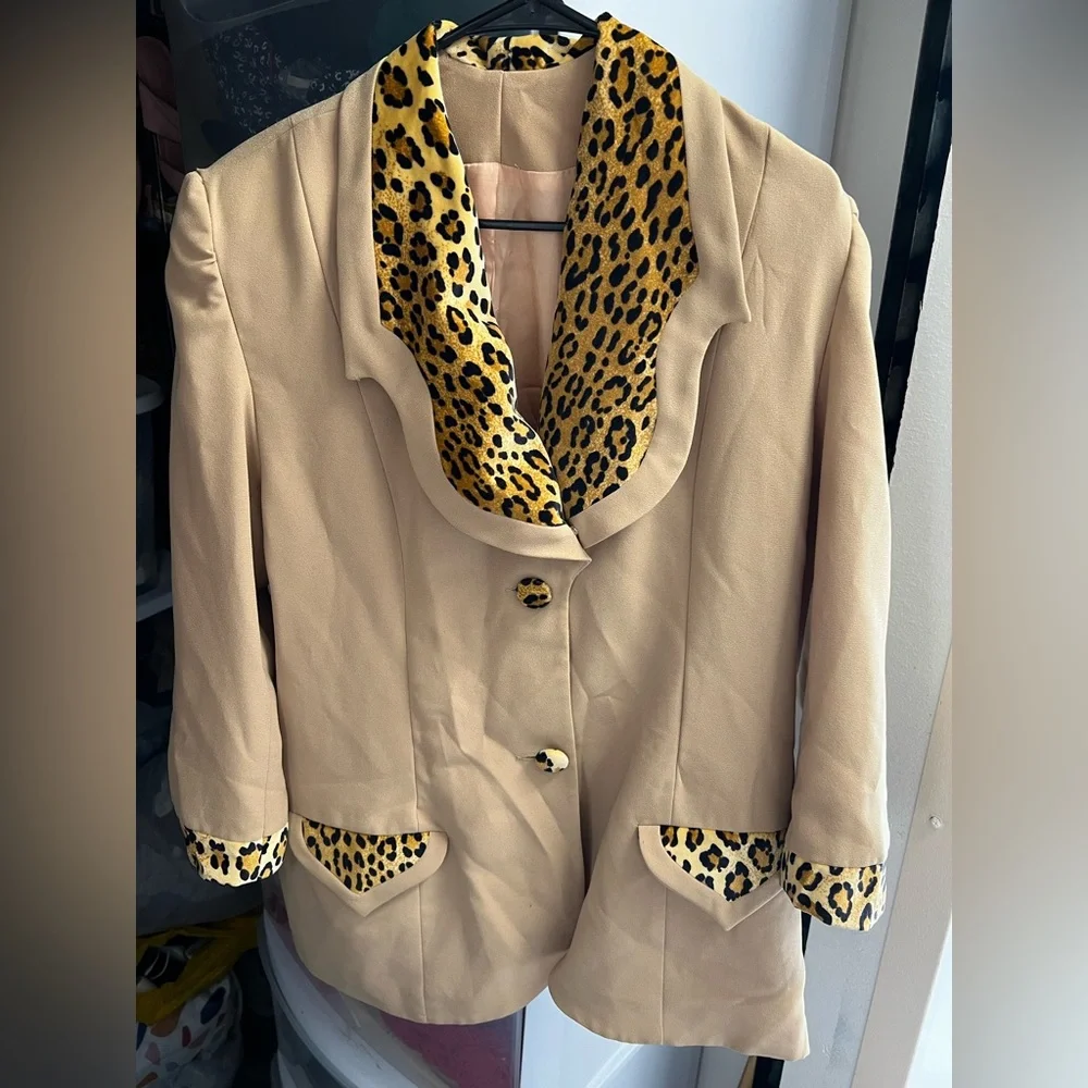 Vintage Khaki Peach Lining Leopard Trim M/L 12 Blazer - Picture 1 of 8